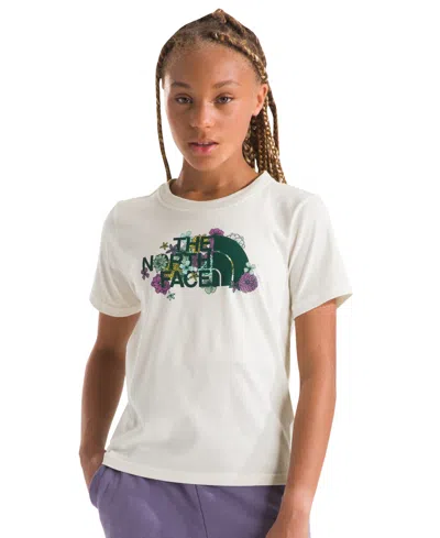 The North Face Kids' Big Girls Short-sleeve Logo Graphic T-shirt In White Dune,mineral Purple Maze Floral Pr