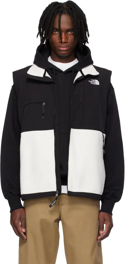 The North Face Black & White Retro Denali Waistcoat In White Dune/black Rou