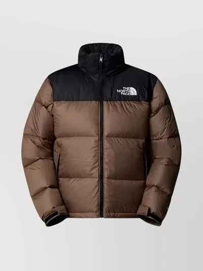 The North Face Block Design High Collar Puffer Jacket In Brown