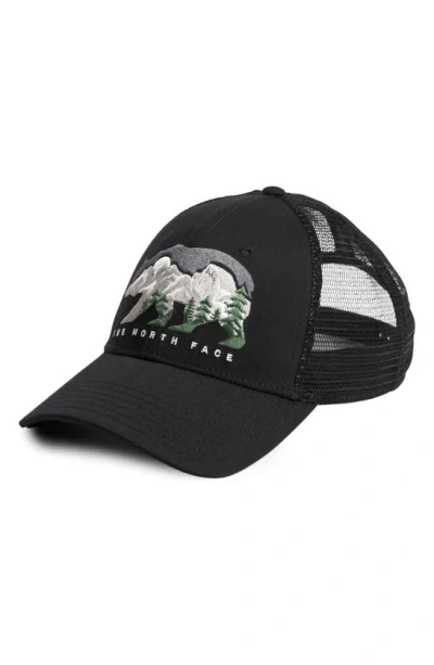 The North Face Embroidered Logo Mudder Recycled Trucker Hat In Tnf Black/ Bear Graphic