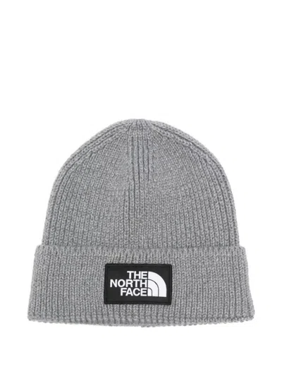 The North Face Grey Logo Patch Beanie Hat In Gray