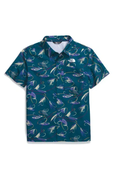 The North Face Kids' Amphibious Print Short Sleeve Button-up Shirt In Blue Moss Gone Fishing Print