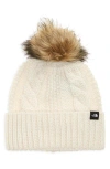 The North Face Kids Oh Mega Beanie With Faux Fur Pom In White Dune