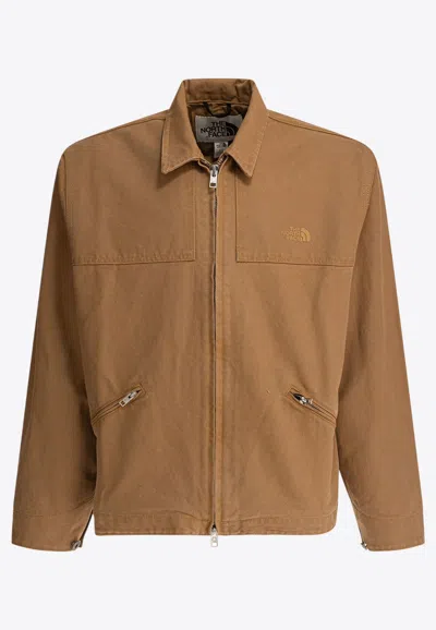 The North Face Logo Embroidered Zip-up Jacket In Brown