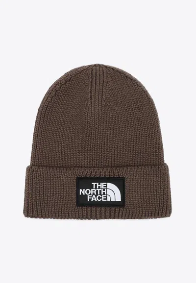 The North Face Logo Patch Ribbed Beanie In Brown
