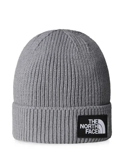 The North Face Logo-patch Ribbed-knit Beanie Hat In Gray
