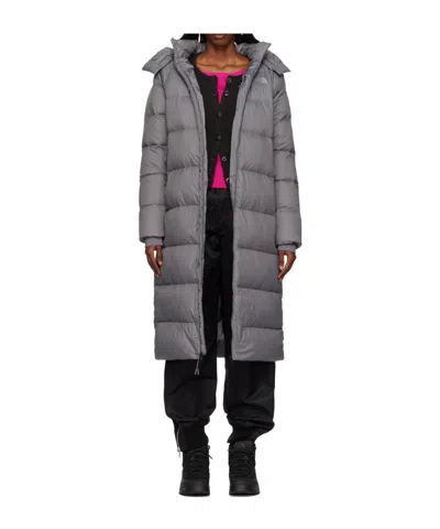 The North Face Long Hooded Down Jacket In Gray
