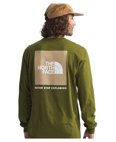 The North Face Men's Box Nse Standard-fit Logo Graphic Long-sleeve T-shirt In Forest Olive,khaki Stone
