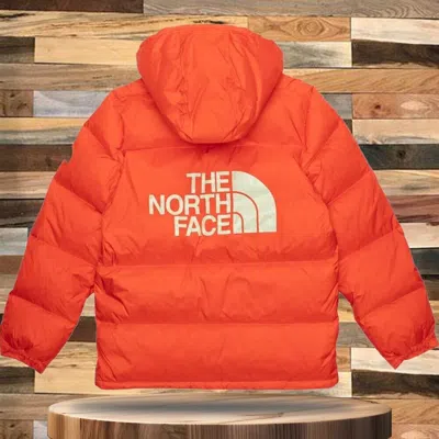 Pre-owned The North Face Men's Hooded Down Jacket With Large Pockets Big Logo On The Back In Orange