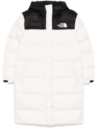 The North Face Hooded Drawcord Nuptse Parka Pockets In White Dune/tnf Black