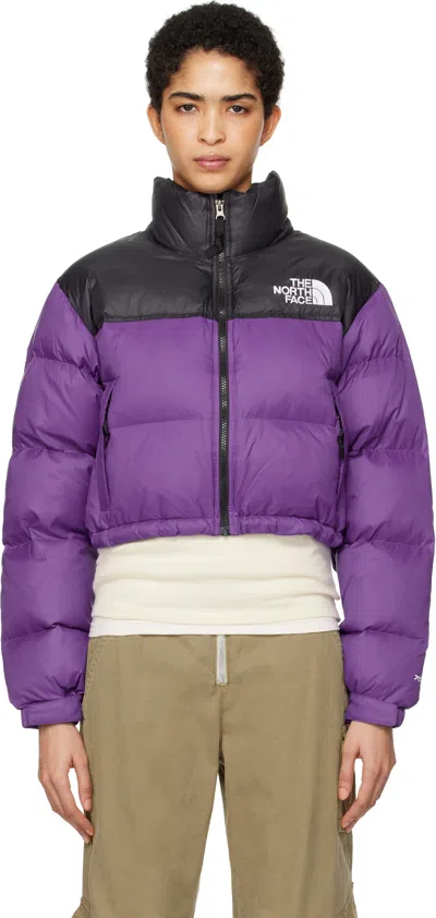 The North Face Purple & Black Nuptse Short Down Jacket In S96 Peak Purple/tnf