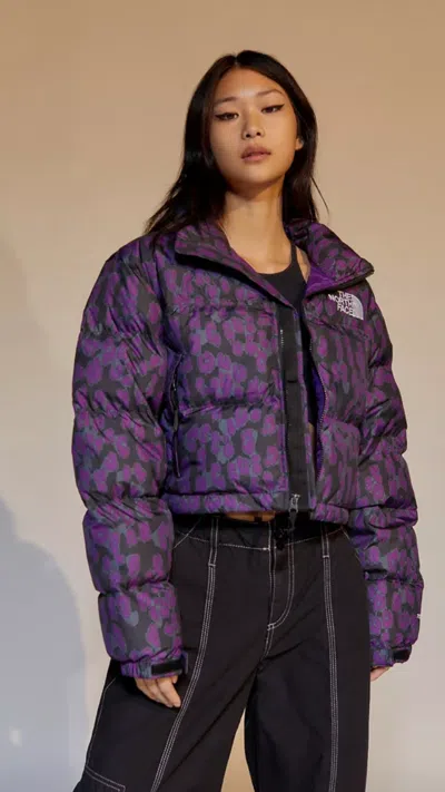 Pre-owned The North Face Short Nuptse Printed Jacket Purple/black Size M, L, Xl
