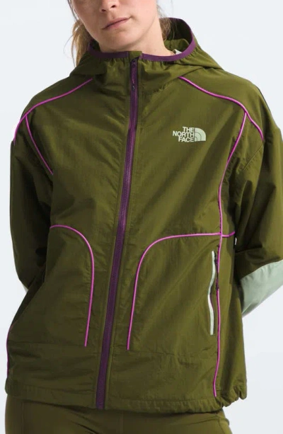 The North Face Trailwear Wind Whistle Running Jacket In Forest Olive/ Violet Crocus