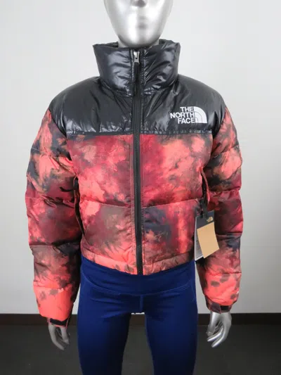 Pre-owned The North Face Womens  Printed Nuptse Short Crop 700-down Jacket - Coral Dye In Pink