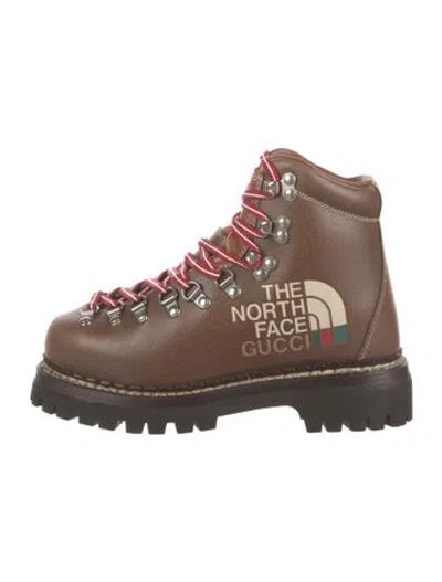 Pre-owned The North Face X Gucci Web Accent Leather Hiking Boots W/ Tags In Brown