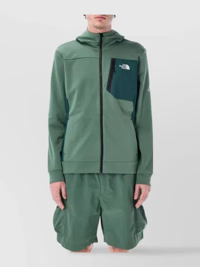 The North Face Zip Fleece Hood Long Sleeves Pockets In Green