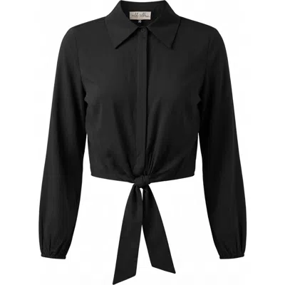 The Norway Club Cropped Hidden Placket Hem Tie Blouse In Black