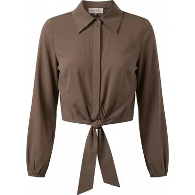 The Norway Club Cropped Hidden Placket Hem Tie Blouse In Brown