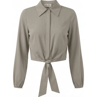The Norway Club Cropped Hidden Placket Hem Tie Blouse In Gray