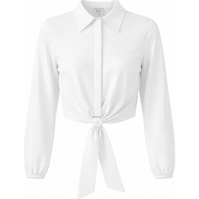 The Norway Club Cropped Hidden Placket Hem Tie Blouse In White