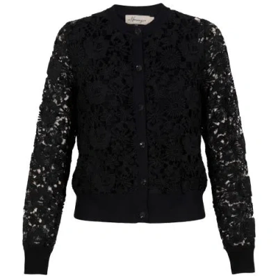 The Norway Club Cropped Lace Long Sleeve Heavy Lace Knit Top In Black