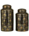 The Novogratz Set Of 2 Floral Black Ceramic Decorative Jars With Gold Accents In Black