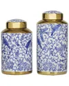 The Novogratz Set Of 2 Floral Blue Ceramic Decorative Jars With Gold Accents In Blue