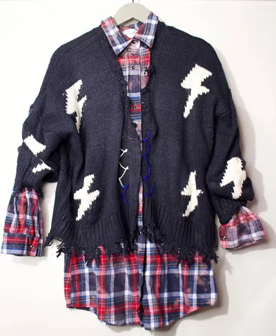 The Nu Vintage Women's Plaid Shirt With Zig Zag Fringe Sweater - 2 Piece Set In Red/white Plaid In Blue