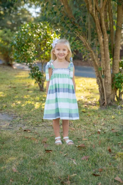 The Oaks Apparel Kids' Lola Stripe Dress In Green/blue