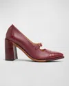 The Office Of Angela Scott Miss Eliza Mixed Leather Buckle Heeled Loafers In Berry Croc