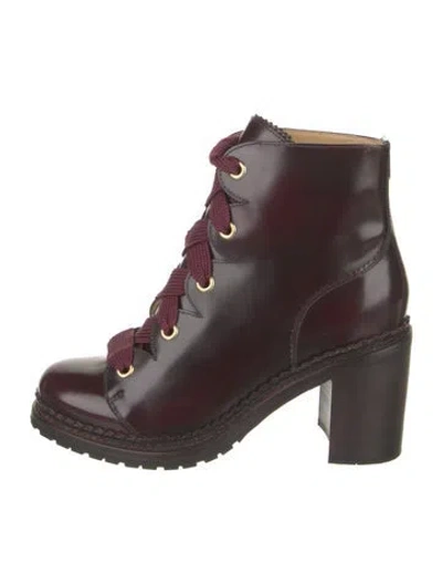 Pre-owned The Office Of Angela Scott Patent Leather Lace-up Boots In Burgundy