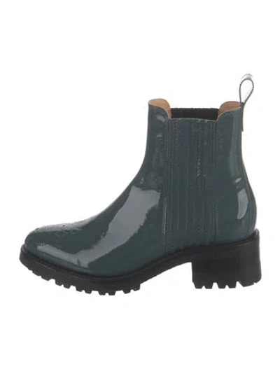 Pre-owned The Office Of Angela Scott Patent Leather Lasercut Accents Chelsea Boots In Green