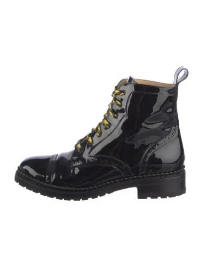 Pre-owned The Office Of Angela Scott Patent Leather Lasercut Accents Combat Boots In Black