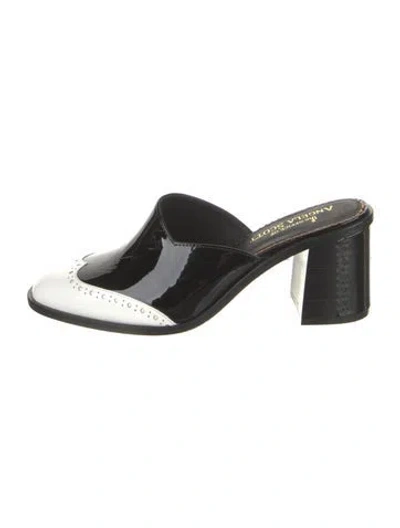 Pre-owned The Office Of Angela Scott Patent Leather Lasercut Accents Mules In Black