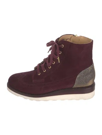 Pre-owned The Office Of Angela Scott Suede Colorblock Pattern Wedge Sneakers In Burgundy