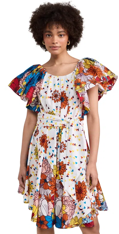 The Oula Company Off Shoulder Dress Blue, Orange, Red, Yellow In Multi