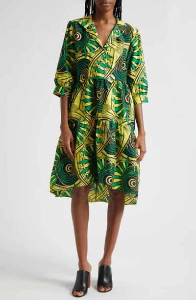 The Oula Company Tiered High-low Cotton Shirtdress In Green Golden