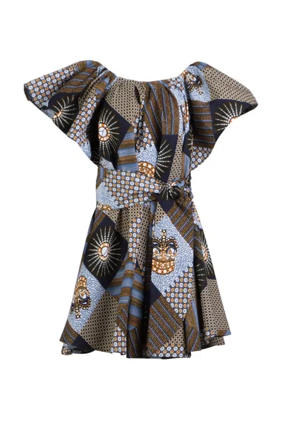 The Oula Company Women's Blue / Brown Off The Shoulder Dress - Blue Patchwork In Black
