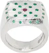 The Ouze Emerald Polka & Ruby Signet Ring In Metallic