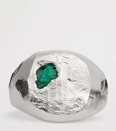 The Ouze Recycled Sterling Silver And Emerald Una Signet Ring