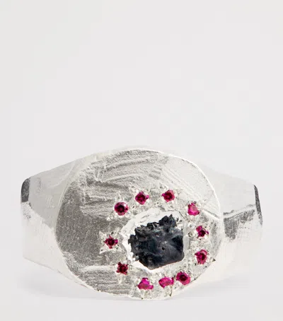 The Ouze Recycled Sterling Silver, Sapphire And Ruby Island Signet Ring