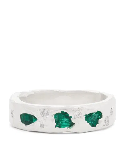 The Ouze Sterling Silver And Emerald Scatter Ring In Metallic