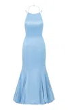 The Own Studio Exclusive Exclusive Racer Neck Bubble Hem Satin Dress In Blue