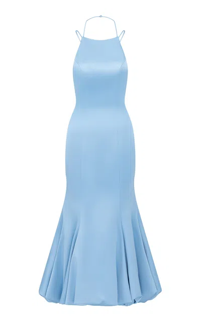 The Own Studio Exclusive Exclusive Racer Neck Bubble Hem Satin Dress In Blue