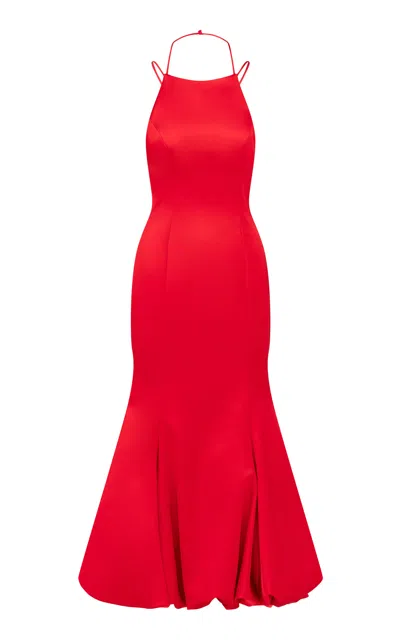 The Own Studio Exclusive Exclusive Racer Neck Bubble Hem Satin Dress In Red