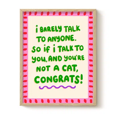 The Paper Tail Green / Pink Barely Talk To Anyone - Cat Art Print - Medium In Multi