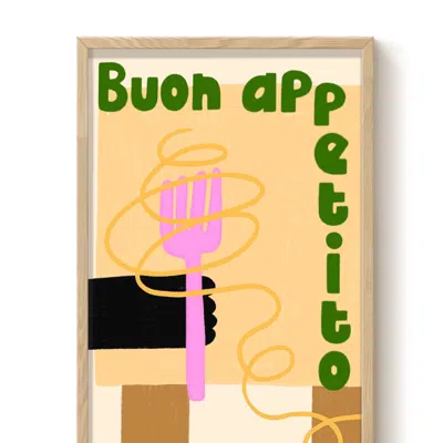 The Paper Tail Green / Pink Boun Appetito - Cat Art Print - Medium In Multi