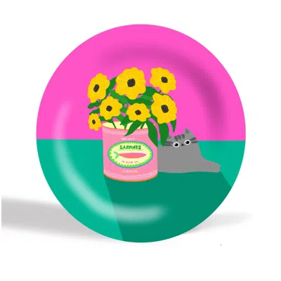 The Paper Tail Green / Pink Flowers And Sardines - Ceramic Plate In Multi
