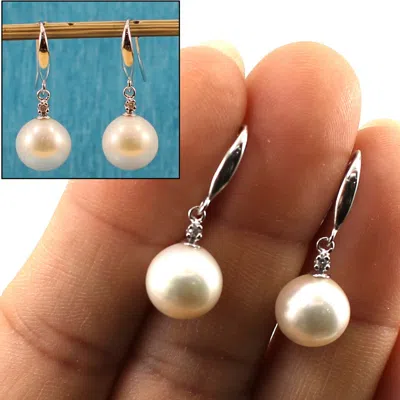 Pre-owned The Pearl Jewelers 14kt White Solid Gold Diamond; Aaa White Cultured Pearl Hook Earrings Tpj In White Cream