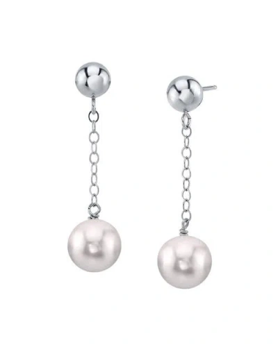 The Pearl Source 14k Gold Akoya Round Ball Double Chain Earrings